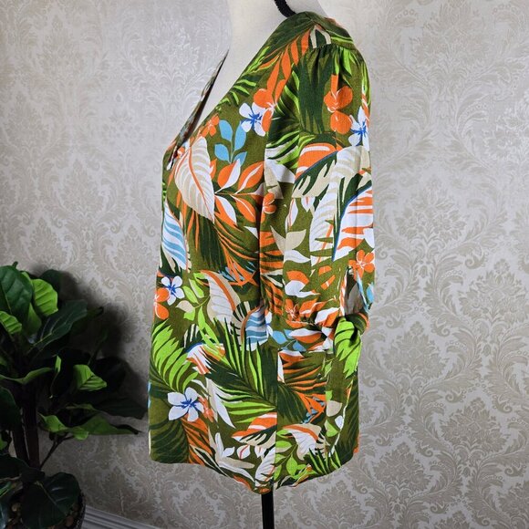 Emily Daniels Size Large Colorful Floral Greenery Print Blouse V-neck Button Up - Picture 5 of 12